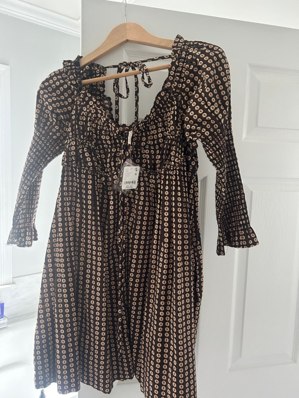 Free People Brown Printed Smocked Long-Sleeve Mini Dress